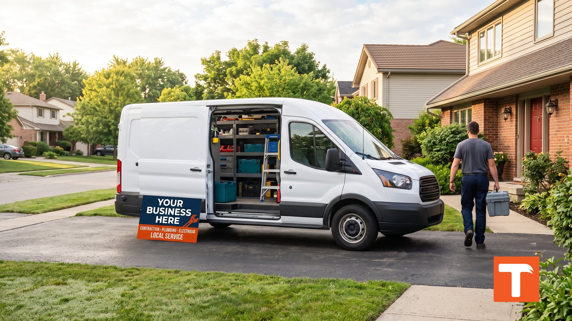 A trades business van and crew member on a residential job site
